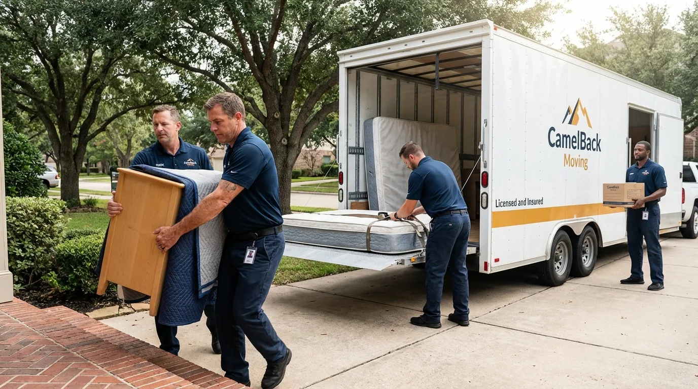 Crew loading residential truck for cross-state move from Wynnewood, OK