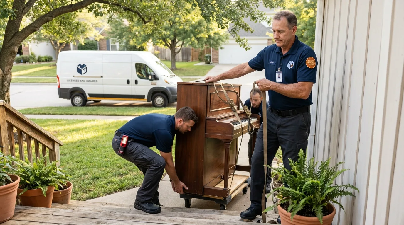 Licensed piano movers securing grand piano in Wynnewood, OK