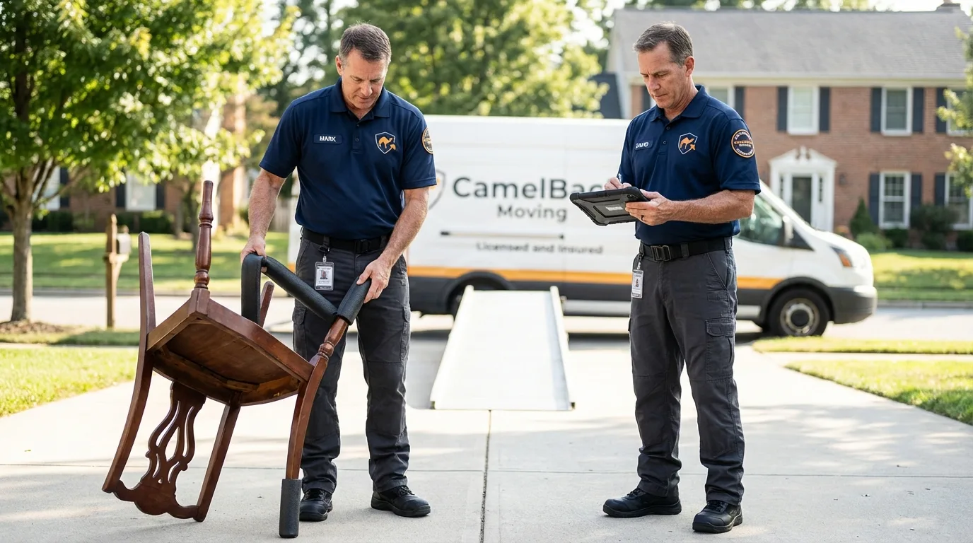 Movers inspecting furniture for damage prevention before loading in Wynnewood, OK