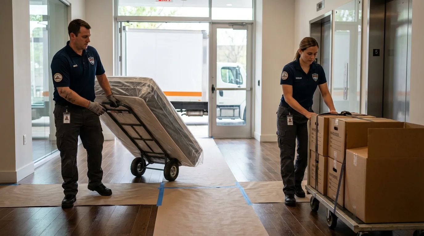 Professional apartment movers loading elevator in Wynnewood, OK