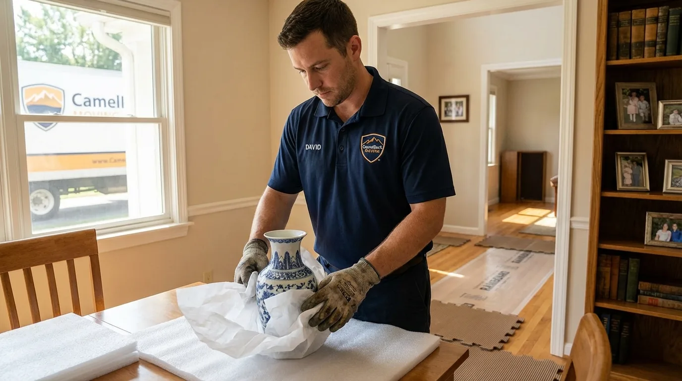 Professional crew carefully wrapping antique vase for senior downsizing move in Wynnewood, OK